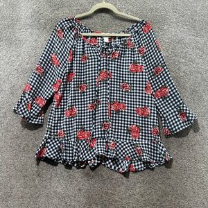 VTG CC Amore Blouse Top Women Medium Gingham Floral Cottegcore Feminine Romantic